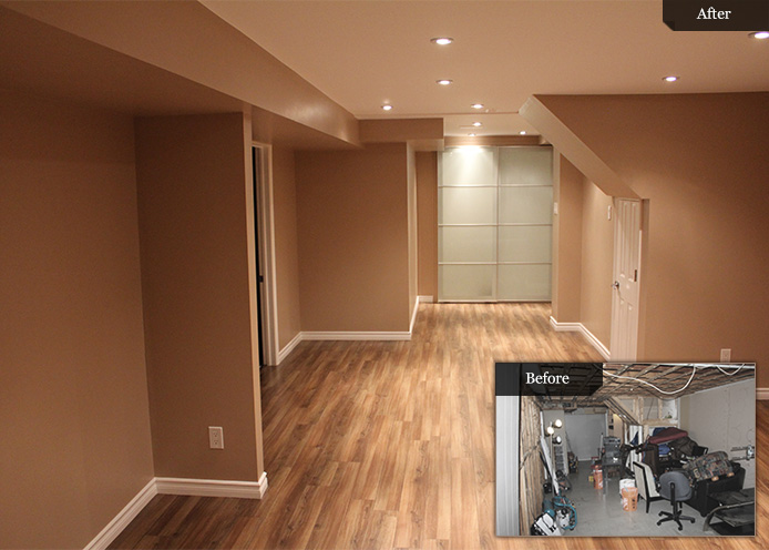 Before and After Pictures of a finished basement by Bowerbird Renovations in Toronto